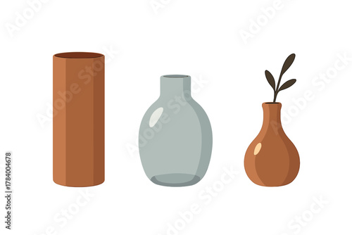 Three minimalist ceramic and glass vases with simple plant decoration