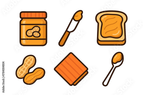 Peanut butter sandwich components and spread utensil icons collection