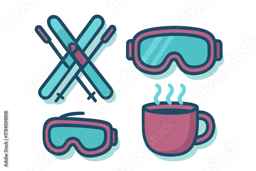 Winter sports gear and hot drink icons collection