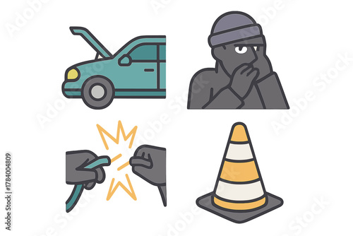 Set of icons depicting vehicle theft, repair, and road safety symbols