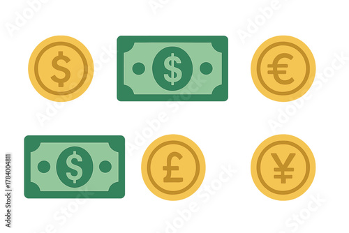 Collection of major global currency symbols including dollar euro pound and yen icons
