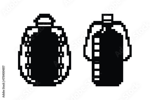 Pixel art shows simplistic black vest and buttoned shirt designs in monochrome tone