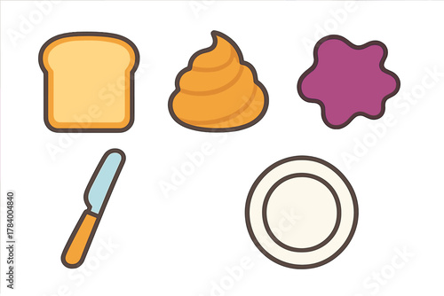 Peanut butter jelly sandwich components icons collection with utensil and dish