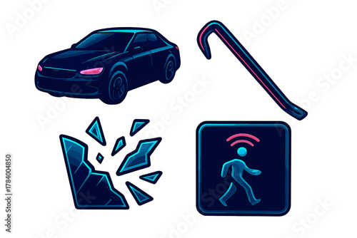 Set of automotive security icons featuring car, broken glass, crowbar, and motion sensor