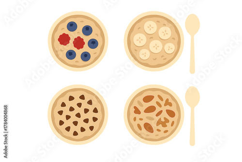 Four bowls of oatmeal with various fruit and nut toppings overhead view