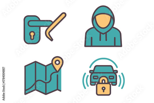 Set of icons for theft prevention, burglar alarm, and vehicle security tracking