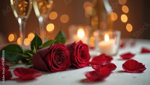 Two red roses rest on a table with champagne glasses and lit candles. Rose petals are scattered around for a romantic evening setting. This scene suggests a special celebration or date night.