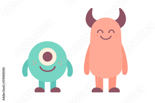 Two cute smiling cartoon monsters with simple shapes and horns