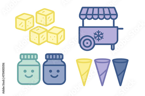 Collection of colorful icons representing frozen desserts and ingredients