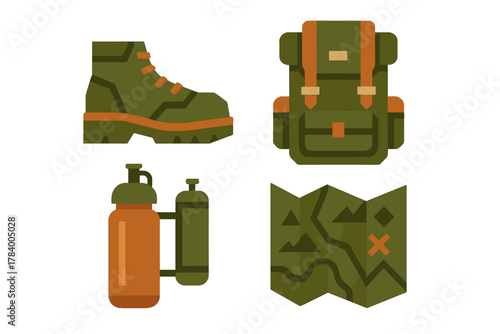 Hiking and camping equipment icons set with boot backpack water bottle and map