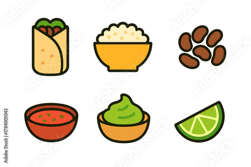 Set of stylized icons representing essential Mexican food ingredients and dishes