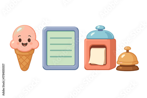 Charming set of service icons featuring ice cream cone notepad dispenser and bell