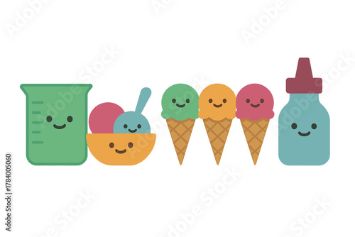 Smiling laboratory glassware and sweet ice cream dessert icons set