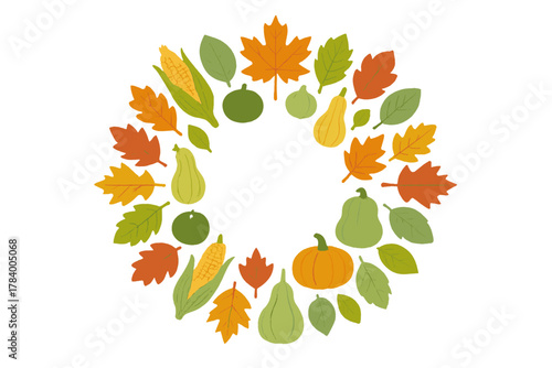 Circular frame of colorful autumn harvest leaves pumpkins and gourds