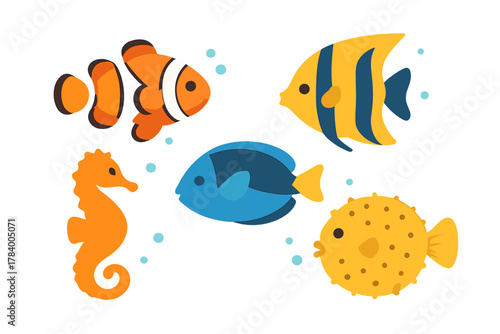 Colorful tropical sea creatures and fish icons swimming in water