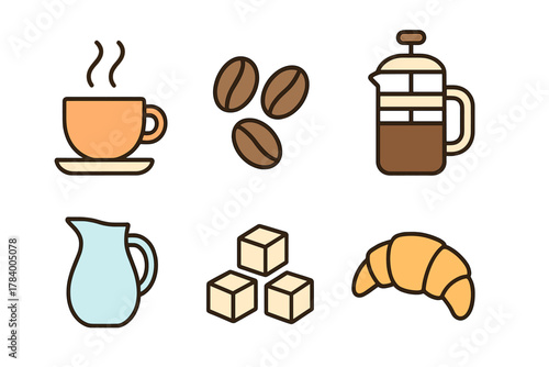 Hot beverage and pastry icons for coffee break time
