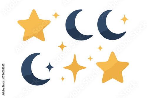 Stylized golden stars and dark blue crescent moons collection