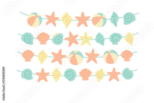 Summer beach garland with starfish seashells and colorful beach balls