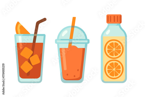 Variety of orange juice drinks in glass cup and bottle containers