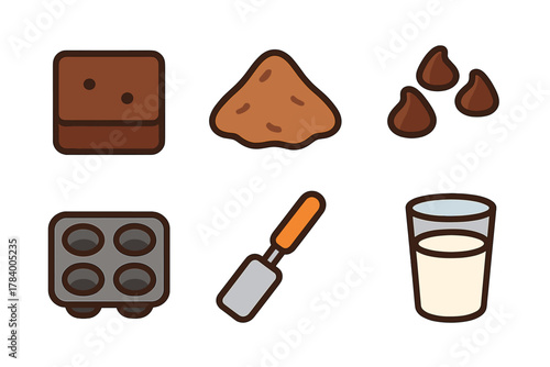 Set of icons for chocolate dessert preparation ingredients and tools