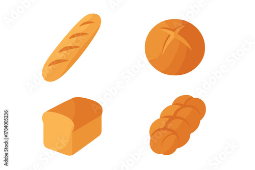 Assortment of baked bread types displayed in isometric perspective