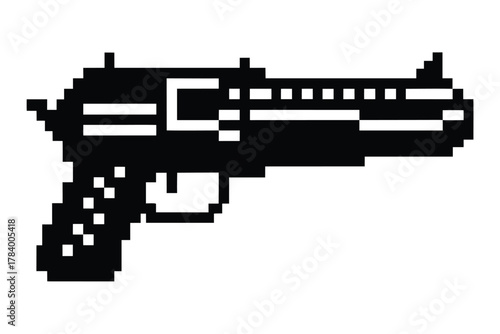 Pixelated black blaster firearm silhouette with classic retro gaming aesthetic stands against a white backdrop