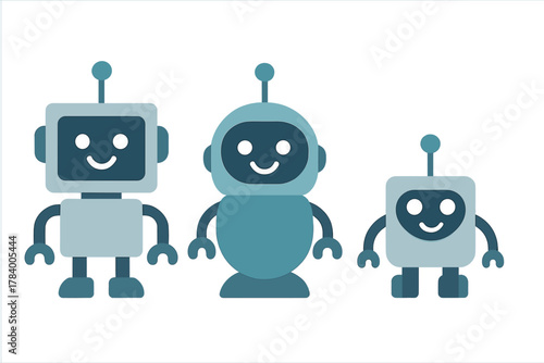 Three cute smiling cartoon robots in shades of blue
