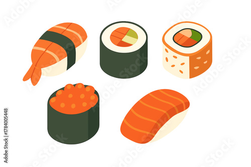 Isometric icons of assorted sushi and maki rolls collection