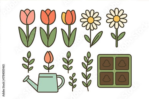 Stylized spring flowers and gardening icons with watering can and seedlings