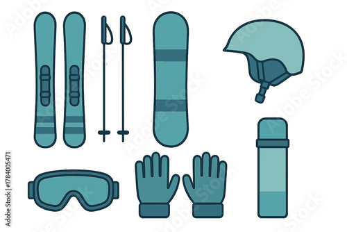 Essential icons for winter sports equipment including skiing and snowboarding gear