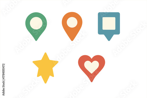 Colorful map pins and favorite icons in layered paper cut style