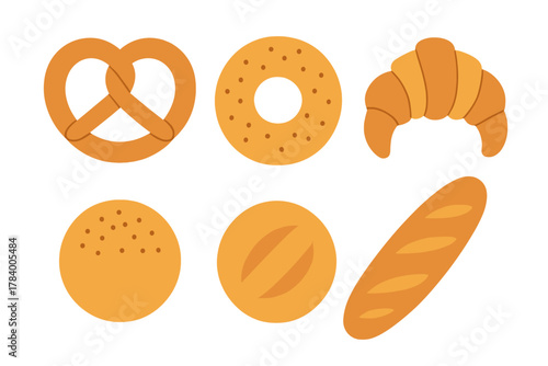Assortment of baked goods including pretzel, bagel, croissant, and bread rolls