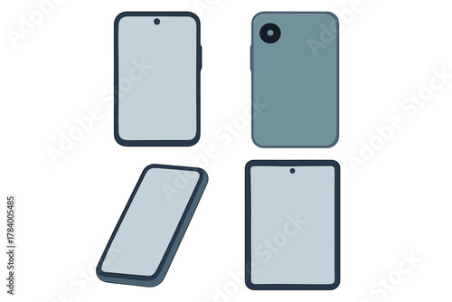 Four modern smartphone views front back and angled perspective mockups