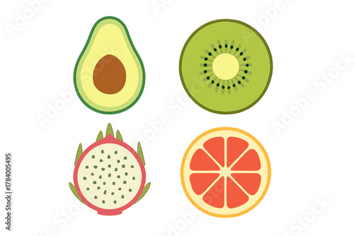 Set of tropical and citrus fruit halves icons