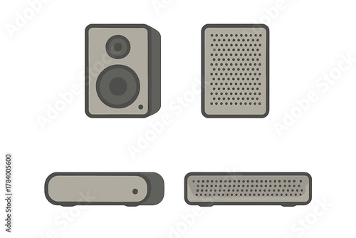 Set of audio equipment featuring speaker and receiver views