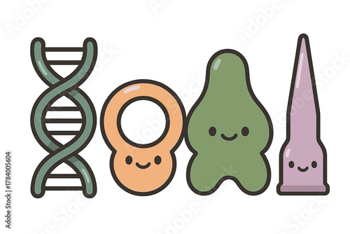 Cute cartoon biology icons featuring DNA helix and cell shapes
