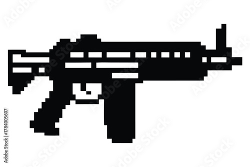 Pixelated black assault rifle weapon with magazine isolated, showing vintage gaming style