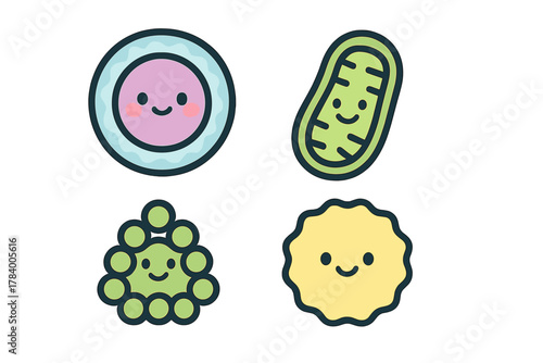 Set of four basic biological cell organelle icons with cute cartoon faces