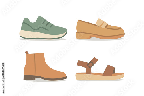 Four styles of casual women's footwear including sneaker, loafer, boot, and sandal