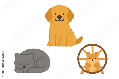 Cute collection of domestic pets including dog cat and hamster in wheel