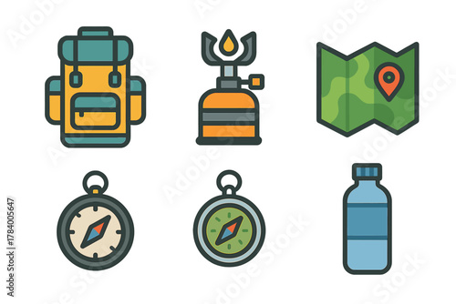 Set of essential outdoor adventure gear icons for camping and hiking trips