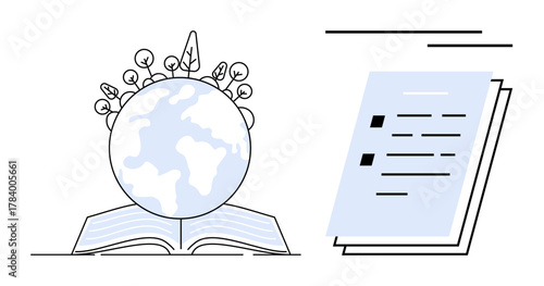 Open book cradling Earth with sprouting plants symbolizes global education, growth, sustainability, and environmental care. Nearby document suggests learning, writing, eco-literacy. Ideal
