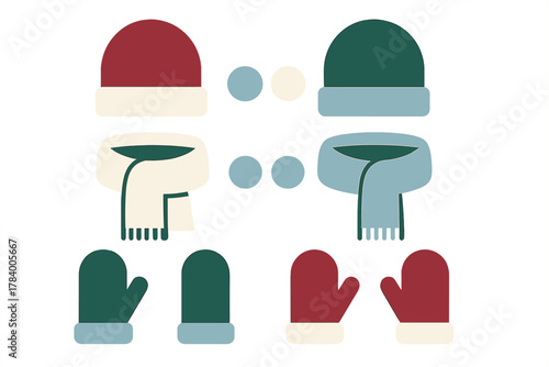 Assortment of knit winter hats scarves and mittens in bright colors