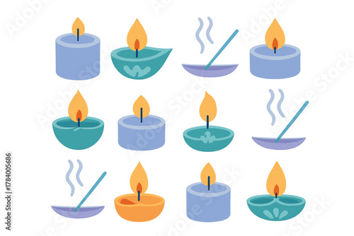Set of various burning candles and incense sticks icons for spiritual themes