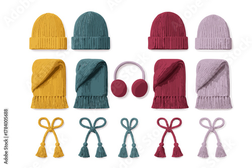Assortment of knitted winter hats scarves and earmuffs in multiple colors