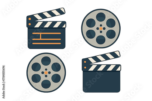 Film production icons set featuring clapperboard and movie reel elements