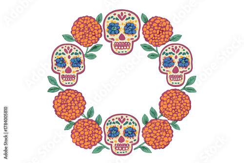 Decorative sugar skull and marigold flower wreath frame design