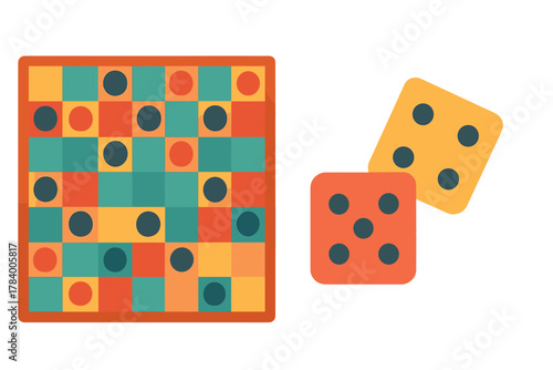 Vibrant board game layout with checker pieces and two rolling dice