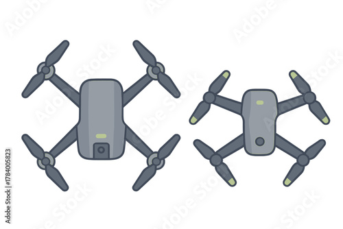Two gray quadcopter drones seen from above with camera lens