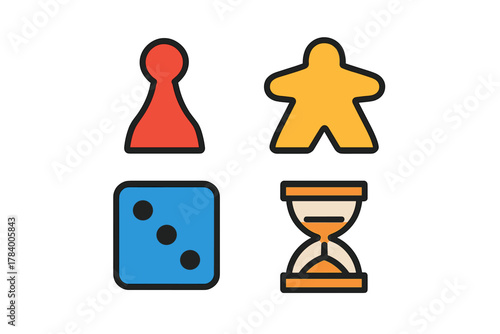 Set of board game icons featuring pawn meeple die and hourglass